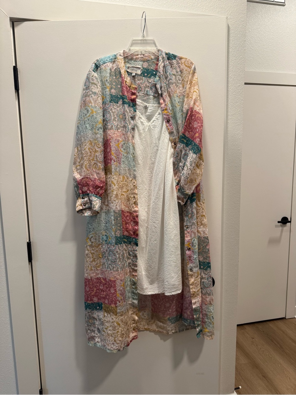 Johnny Was Floral Patchwork Maxi Shirt Dress in Teal, Pink, Orange, Cream